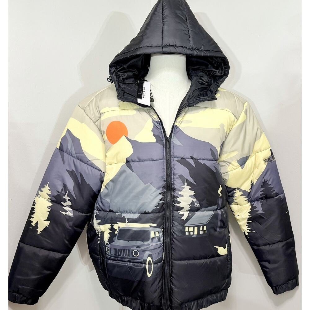 NEW Reason Scenic Puffer Jacket Hooded Cabin Mountain Car Outdoor Print Men XXL